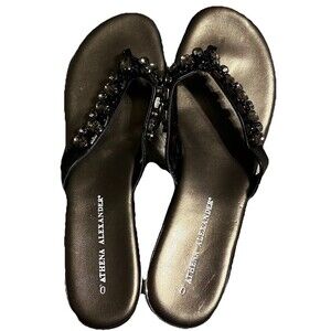 Athena Alexander Black & Pewter Jeweled  Wedge Heel Thong Sandals Womens 10 NWOB
